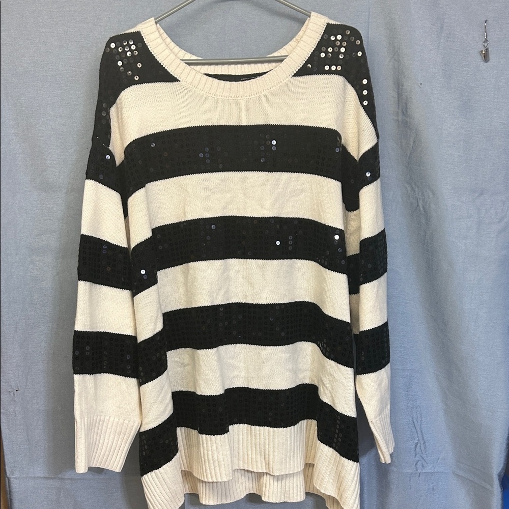 Torrid Black and Cream Striped Sweater with Sequins